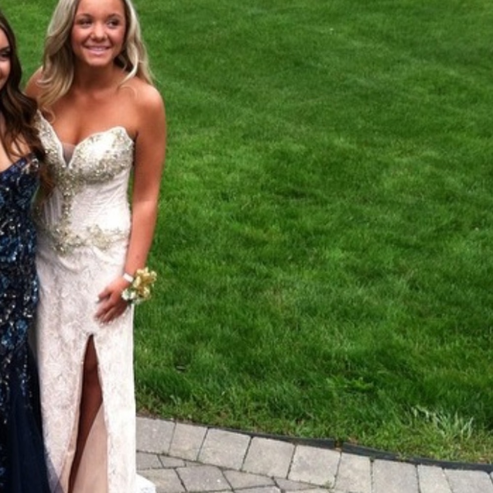 Camille la vie white lace with tan underlay prom dress. Never altered